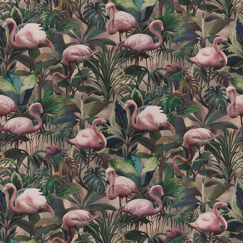 Flamingo Botanico – ausgefallener Vorhang nach Maß mit exotischem Flamingo- und Blätterdesign Leinenmischung, 3 Farben