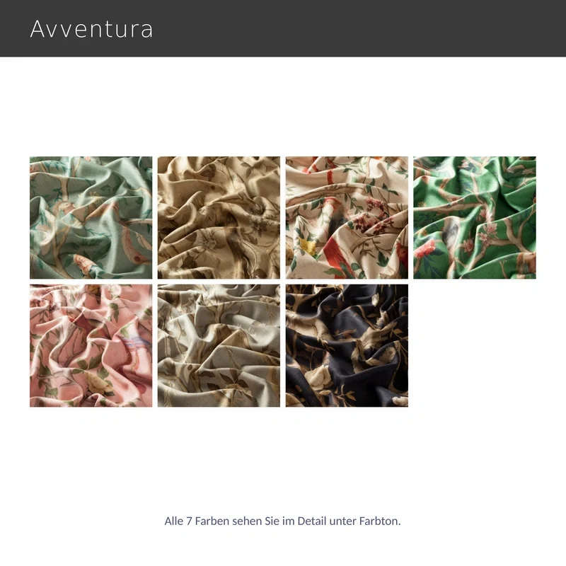 Avventura – Designvorhang nach Maß aus Leinen-Viskose mit exotischem Vogel- und Blütendessin