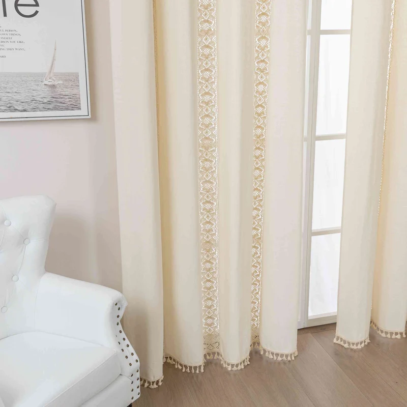 2er Set Vorhang Ösen »Osaka« HxB 245x140 cm Creme 100% Baumwolle Linenlook Makrameespitze Bommeln Raffhalter Gardinen