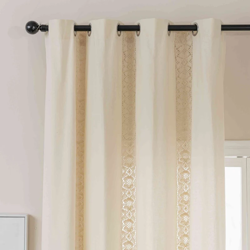 Vorhang Ösen »Osaka« HxB 245x140 cm Creme 100% Baumwolle Linenlook Makrameespitze Bommeln Raffhalter