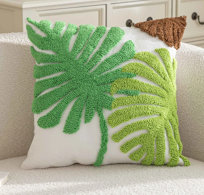 Kissenhülle »Cottbus« LxB 45x45 cm Grün Frottee-Stickerei 100% Baumwolle Monstera Blattmuster hochwertiger Leinenstoff 202490K