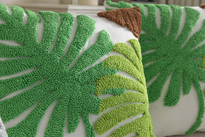 Kissenhülle »Cottbus« LxB 45x45 cm Grün Frottee-Stickerei 100% Baumwolle Monstera Blattmuster hochwertiger Leinenstoff 202490K