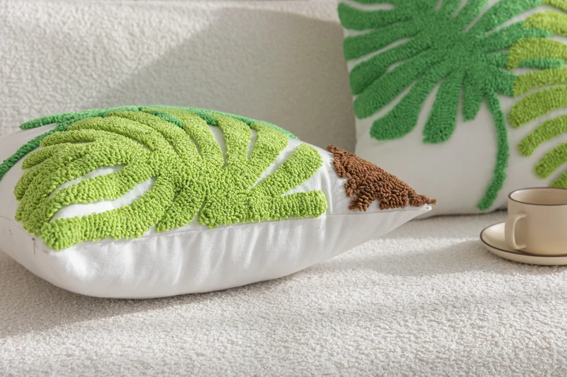 Kissenhülle »Cottbus« LxB 45x45 cm Grün Frottee-Stickerei 100% Baumwolle Monstera Blattmuster hochwertiger Leinenstoff 202490K