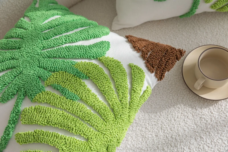 Kissenhülle »Cottbus« LxB 45x45 cm Grün Frottee-Stickerei 100% Baumwolle Monstera Blattmuster hochwertiger Leinenstoff 202490K