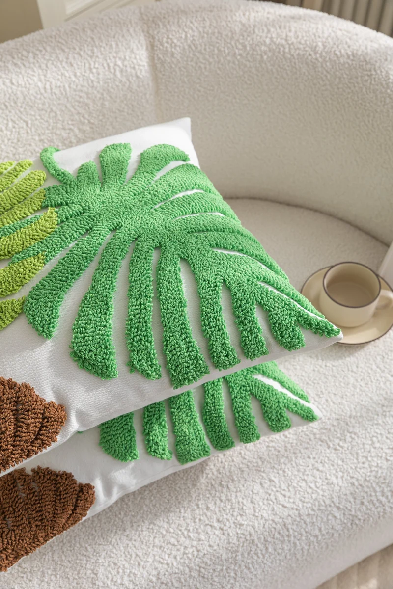 Kissenhülle »Cottbus« LxB 45x45 cm Grün Frottee-Stickerei 100% Baumwolle Monstera Blattmuster hochwertiger Leinenstoff 202490K