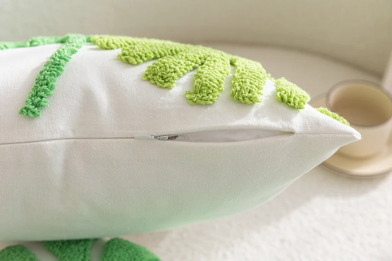 Kissenhülle »Cottbus« LxB 45x45 cm Grün Frottee-Stickerei 100% Baumwolle Monstera Blattmuster hochwertiger Leinenstoff 202490K