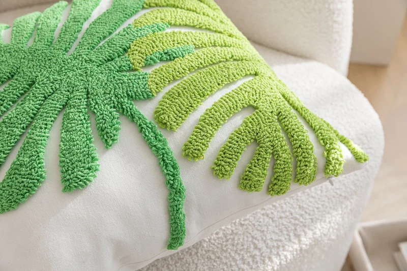 Kissenhülle »Cottbus« LxB 45x45 cm Grün Frottee-Stickerei 100% Baumwolle Monstera Blattmuster hochwertiger Leinenstoff 202490K