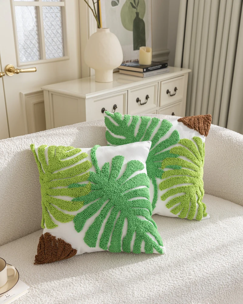 Kissenhülle »Cottbus« LxB 45x45 cm Grün Frottee-Stickerei 100% Baumwolle Monstera Blattmuster hochwertiger Leinenstoff 202490K