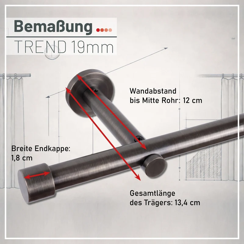 Gardinenstange auf Maß 19mm 1-läufig Titan mit Kappe - Serie Trend