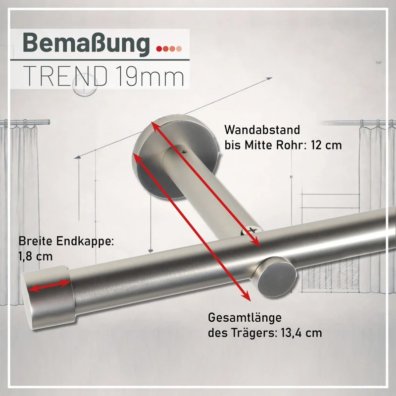 Gardinenstange auf Maß 19mm 1-läufig Edelstahl-optik mit Kappe - Serie Trend