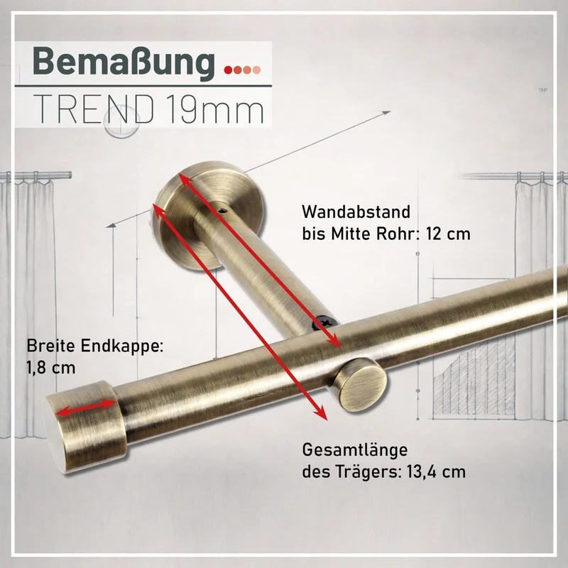 Gardinenstange auf Maß 19mm 1-läufig Messing-antik mit Kappe - Serie Trend