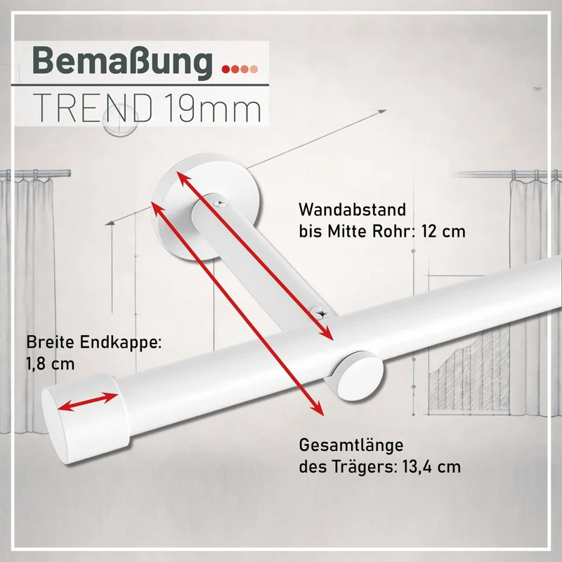 Gardinenstange auf Maß 19mm 1-läufig Weiß matt mit Kappe - Serie Trend