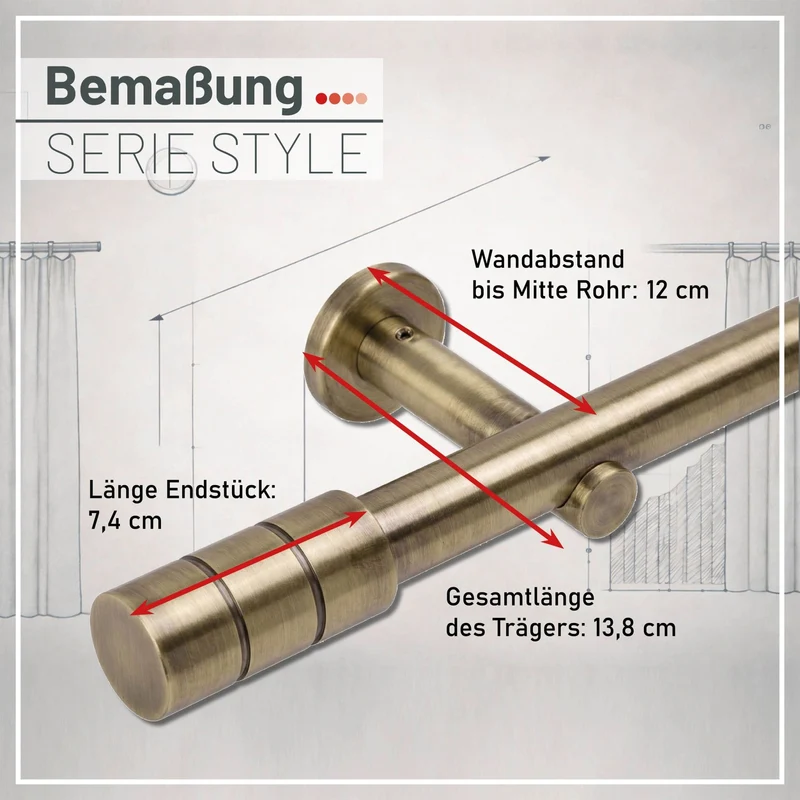 Gardinenstange auf Maß 25mm 1-läufig Messing-antik mit Zylinder - Serie Style