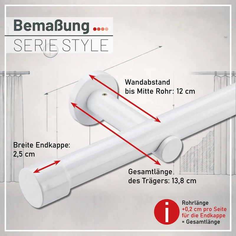 Gardinenstange auf Maß 25mm 1-läufig Weiß mit Kappe - Serie Style