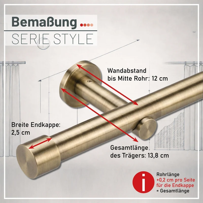 Gardinenstange auf Maß 25mm 1-läufig Messing-antik mit Kappe - Serie Style