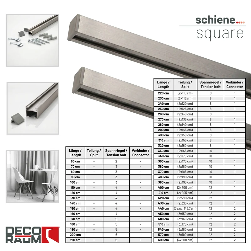 Gardinenschiene Innenlauf auf Maß 1-läufig Edelstahl-optik Serie Square