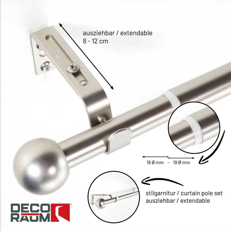 Gardinenstange ausziehbar Flexa Edelstahl-optik Endstück Kugel 16/19mm