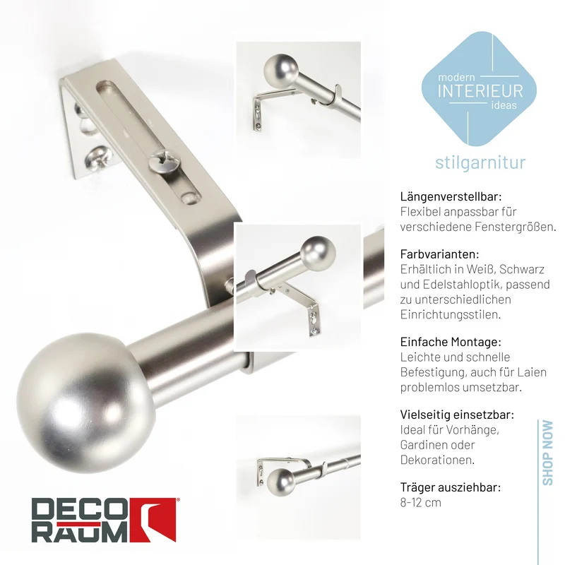 Gardinenstange ausziehbar Flexa Edelstahl-optik Endstück Kugel 16/19mm