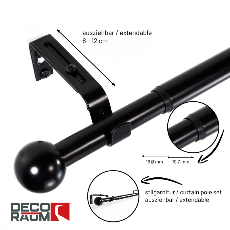 Gardinenstange ausziehbar Flexa Schwarz-matt Endstück Kugel 16/19mm