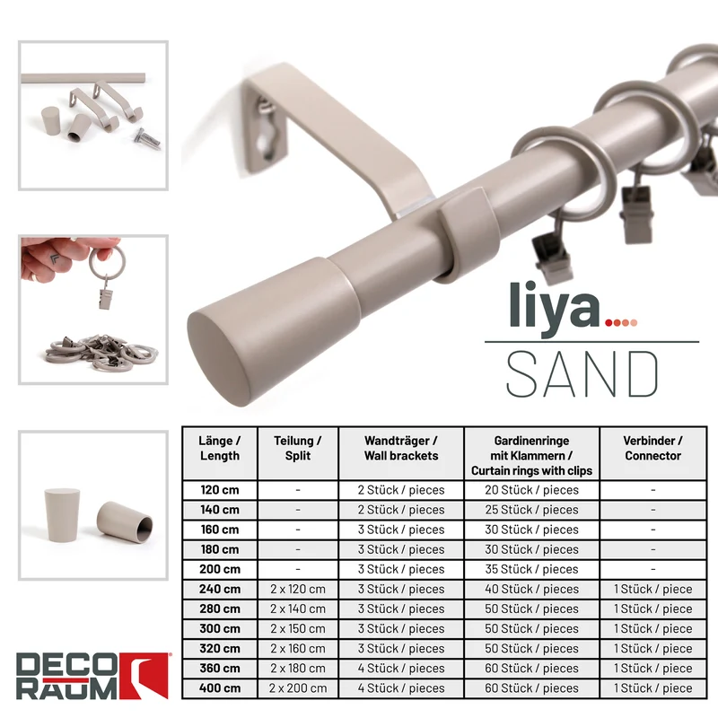 Gardinenstange 19mm 1-läufig Sand mit Kegel Komplett-Set- Serie Liya