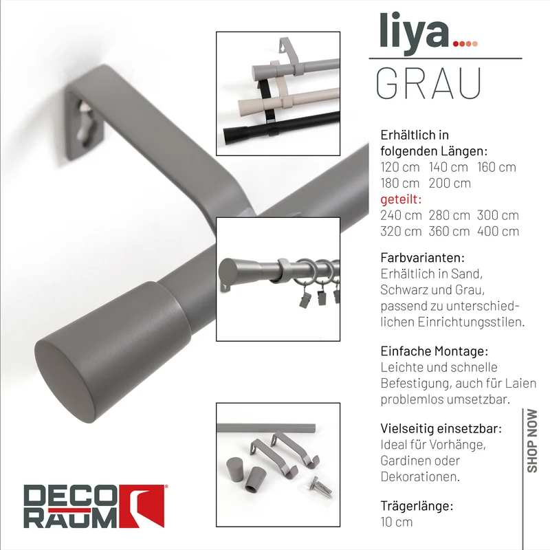 Gardinenstange 19mm 1-läufig Grau mit Kegel Komplett-Set- Serie Liya