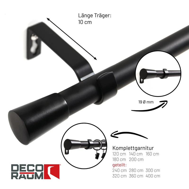 Gardinenstange 19mm 1-läufig Schwarz mit Kegel Komplett-Set- Serie Liya