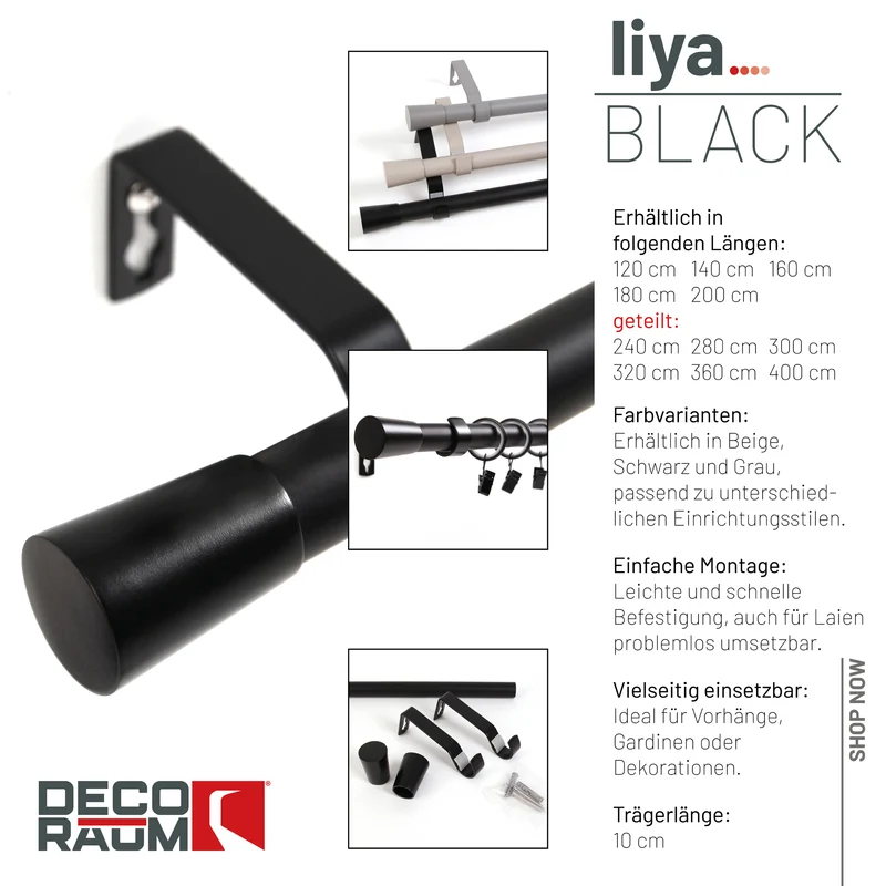 Gardinenstange 19mm 1-läufig Schwarz mit Kegel Komplett-Set- Serie Liya