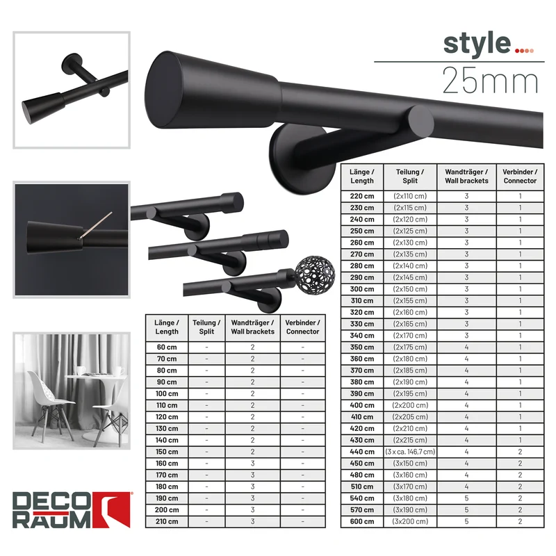 Gardinenstange auf Maß 25mm 1-läufig Schwarz mit Kegel - Serie Style