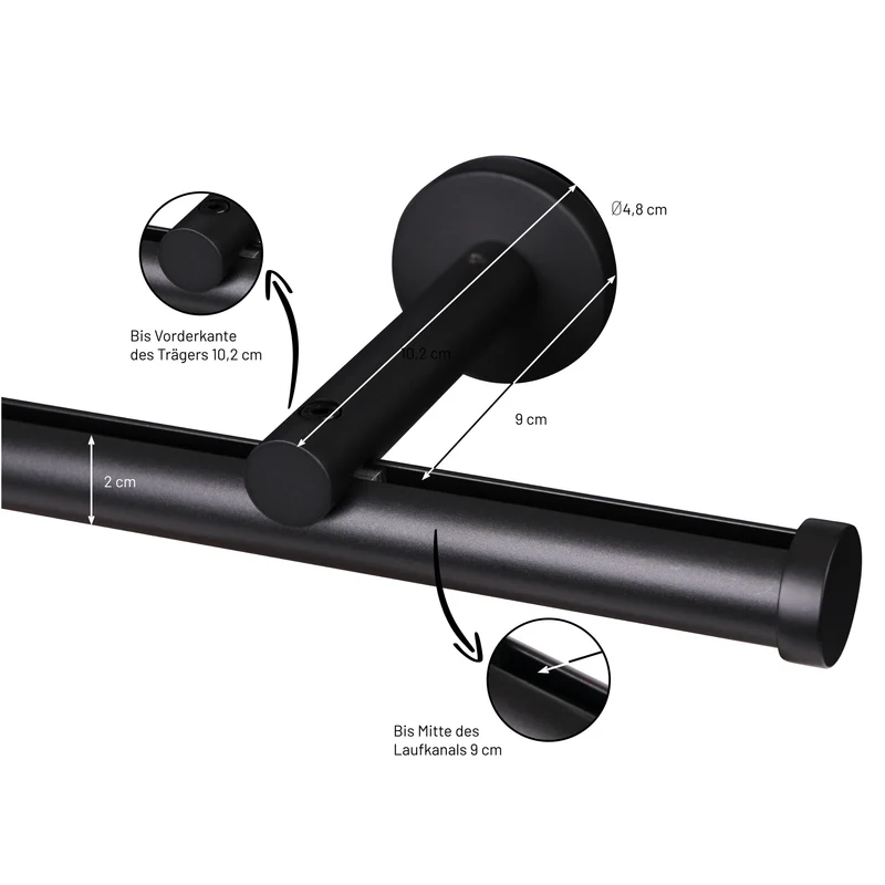 Gardinenstange Innenlauf auf Maß 20mm 1-läufig Schwarz mit Kappe - Serie Modern