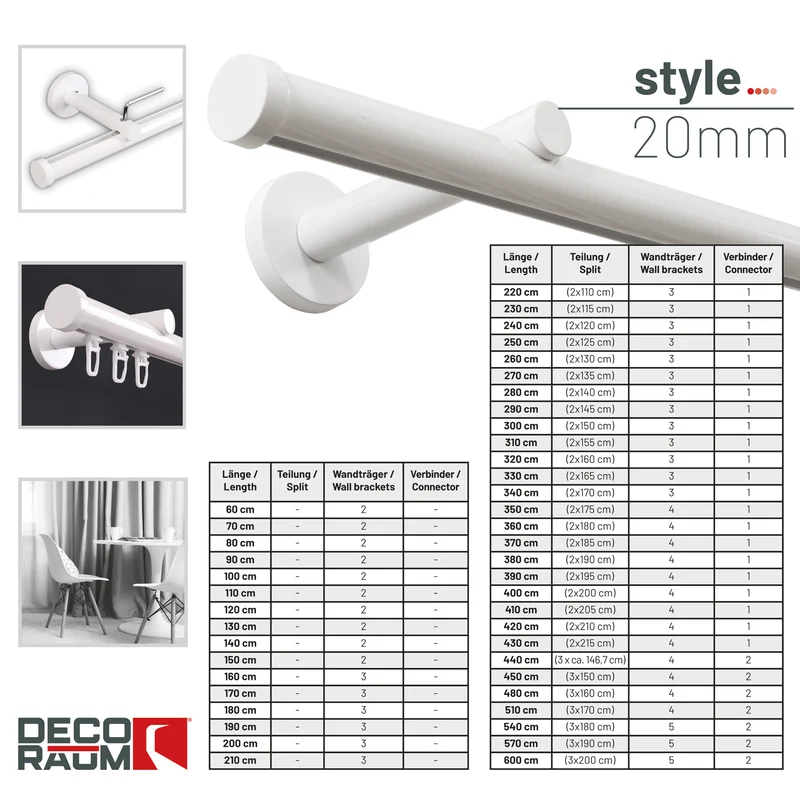 Gardinenstange Innenlauf auf Maß 20mm 1-läufig Weiß mit Kappe - Serie Modern
