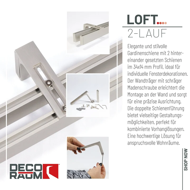 Gardinenschiene Innenlauf auf Maß 2-läufig Edelstahl-optik - Serie Loft