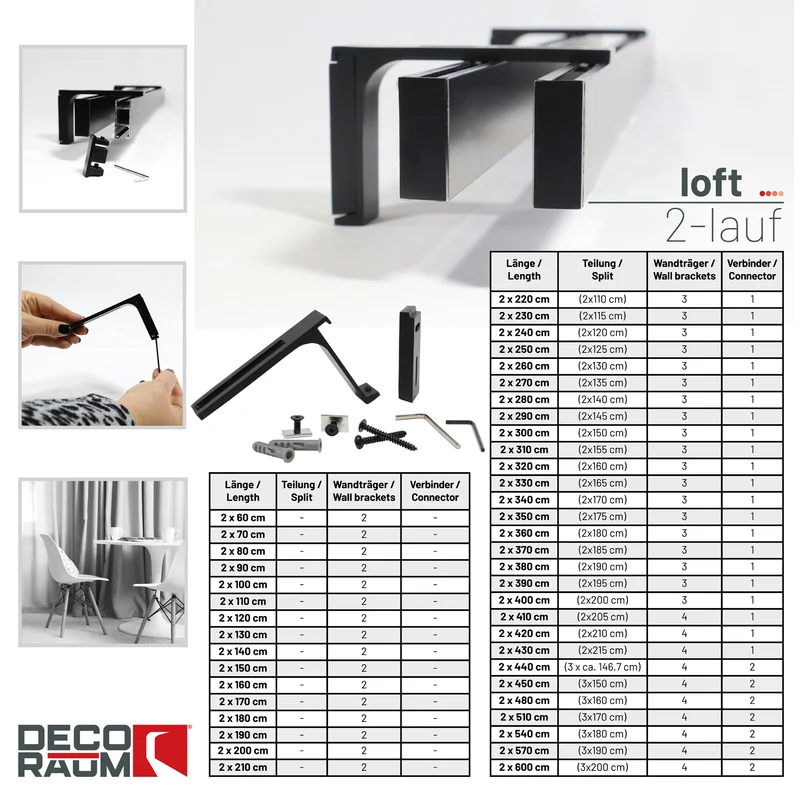 Gardinenschiene Innenlauf auf Maß 2-läufig Schwarz - Serie Loft