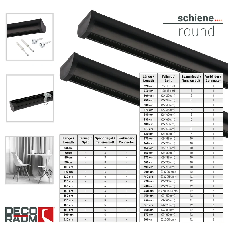 Gardinenschiene Innenlauf auf Maß 1-läufig Schwarz - Serie Round