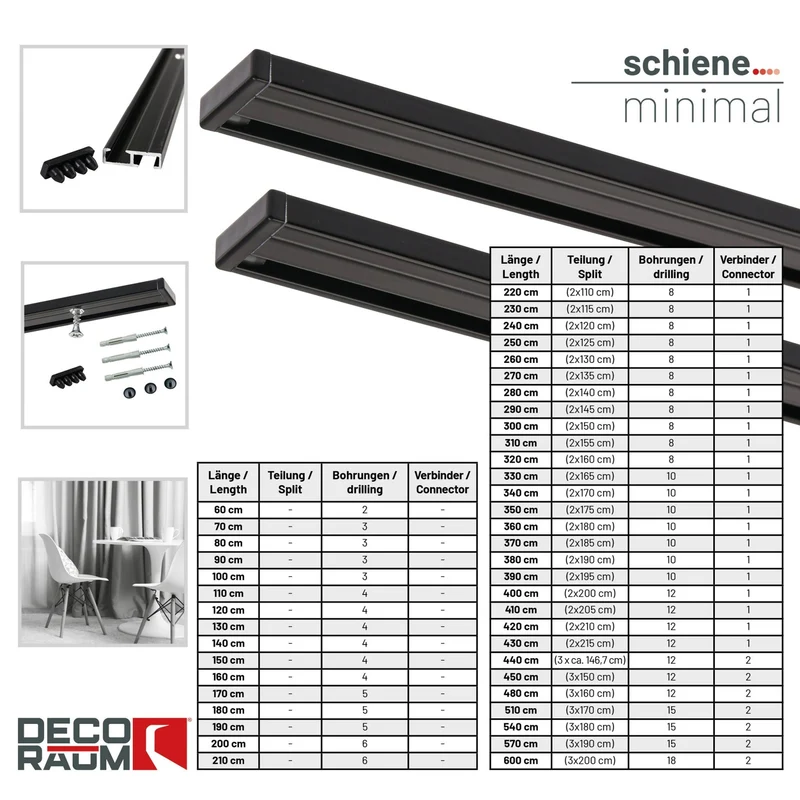 Gardinenschiene Innenlauf auf Maß 1-läufig Schwarz - Serie Minimal