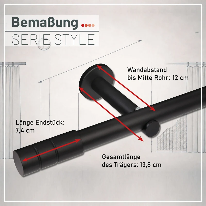 Gardinenstange auf Maß 25mm 1-läufig Schwarz-matt mit Zylinder - Serie Style