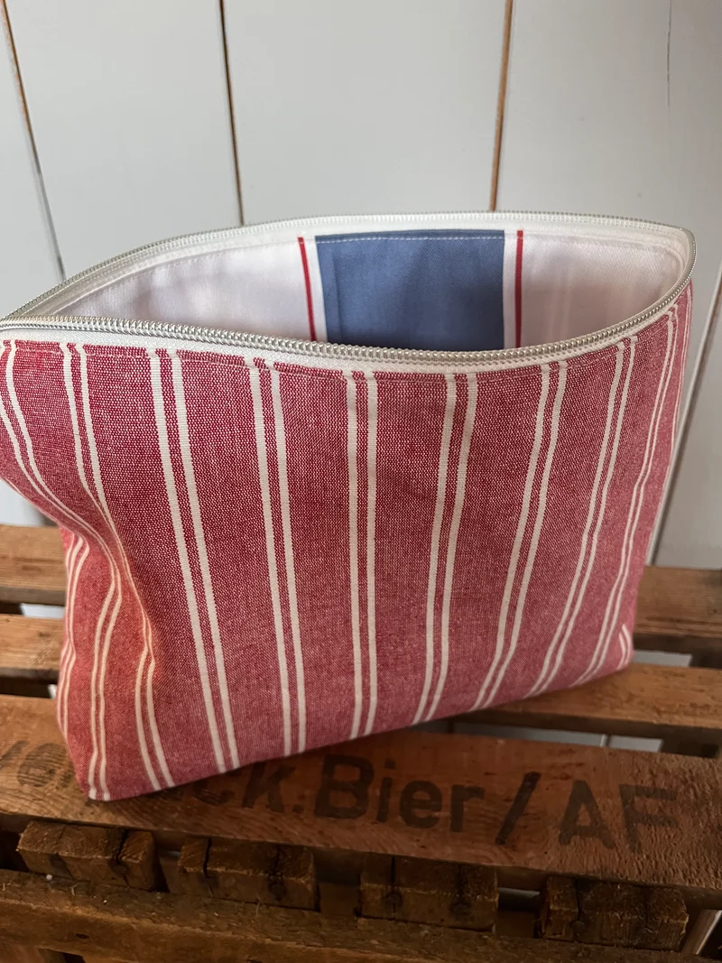 Große Kosmetiktasche aus Leinen Rot weiß gestreift kleiner Shopper