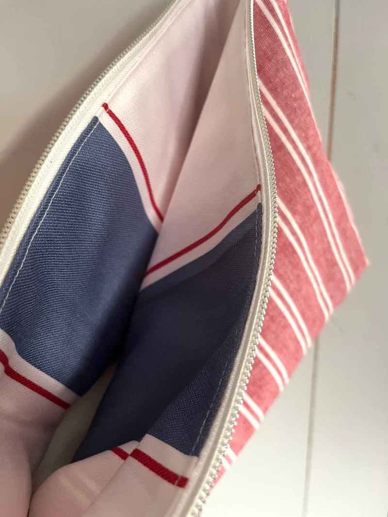 Große Kosmetiktasche aus Leinen Rot weiß gestreift kleiner Shopper