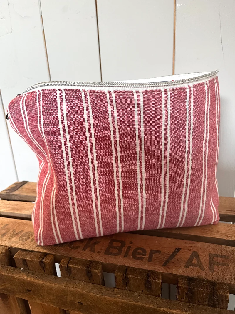 Große Kosmetiktasche aus Leinen Rot weiß gestreift kleiner Shopper