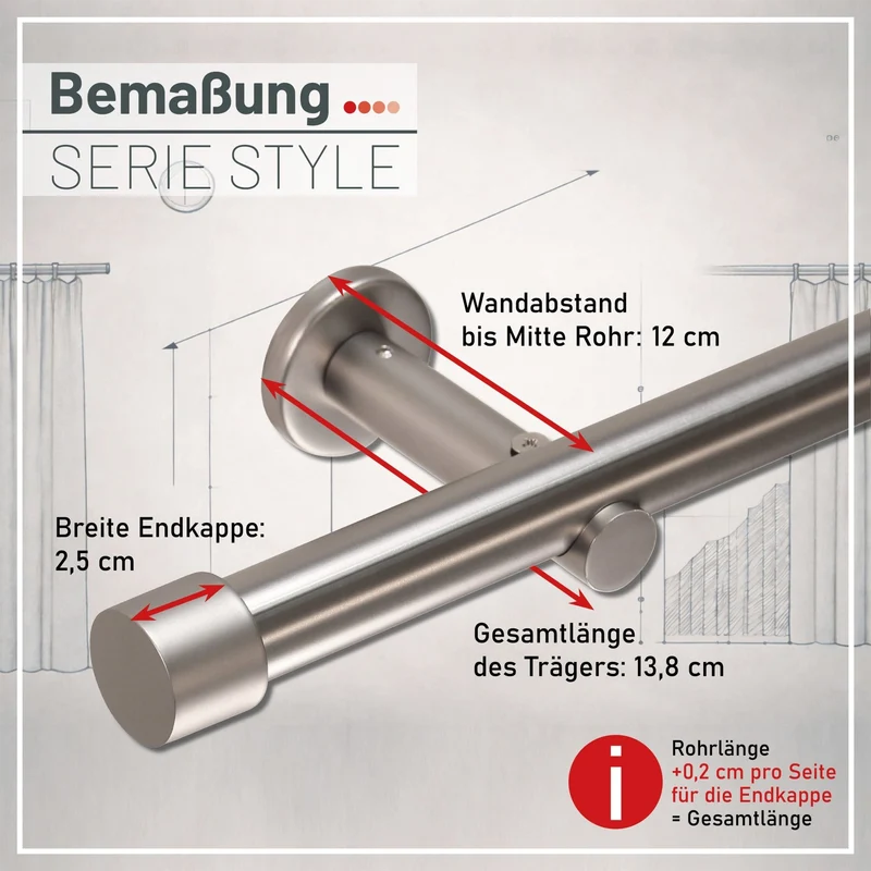 Gardinenstange auf Maß 25mm 1-läufig Edelstahl-optik mit Kappe - Serie Style