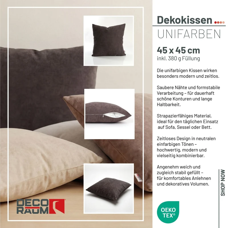 Dekokissen Uni Anthrazit 45x45 cm mit Füllung | OEKO-TEX®