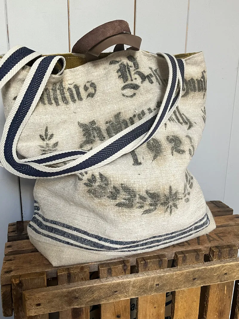 1923: Große Tasche Shopper mit Streifen und beeindruckender original Aufschrift