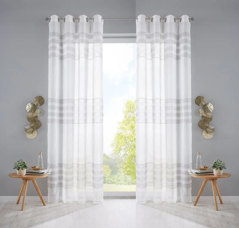 2er Set Gardinen Ösen Vorhang Streifen Gewebt »LINEN« HxB 245x140 cm Naturweiß Grau Ösenschal Batist Halbttransparent Webstreifen 2022310-2