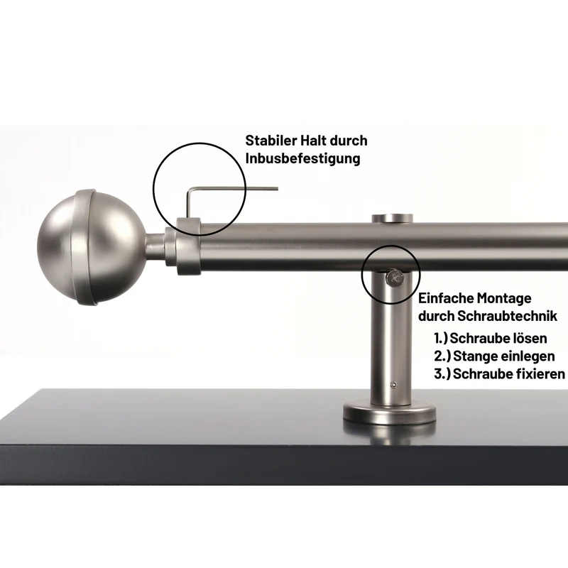 Gardinenstange auf Maß 25mm 1-läufig Edelstahl-optik mit Kugel - Serie Style