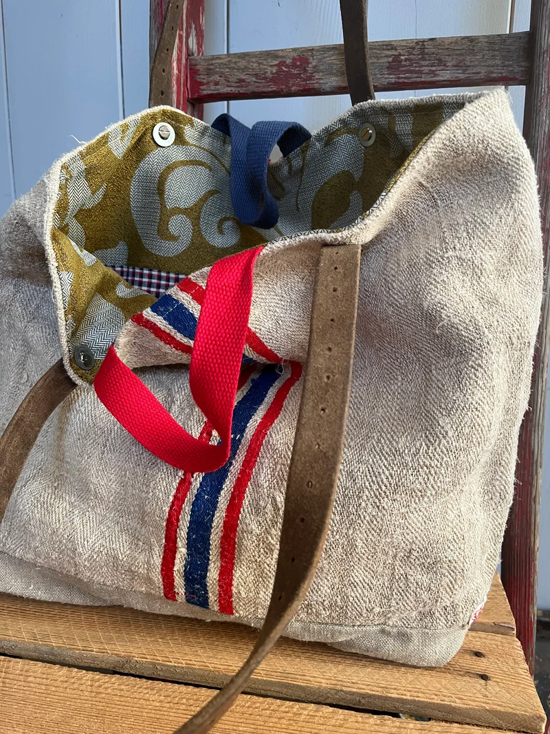 Blau/Rot: große Tasche Shopper aus kräftigem Hanfstoff mit Streifen