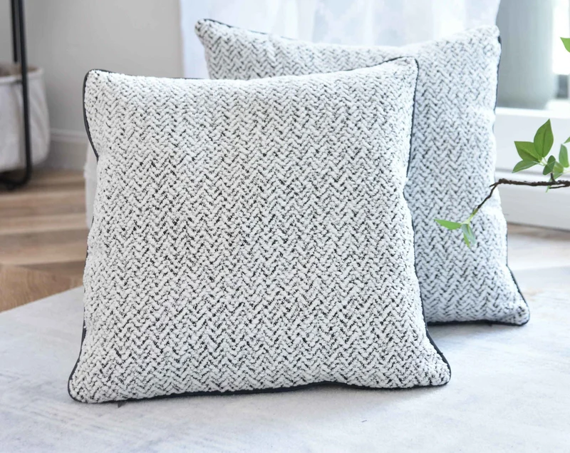 2er Set Chenille Dekokissen Bouclé-Optik LxB 40x40 cm Weiß Schwarz »MONTANA« mit Eleganter Schwarzer Paspelierung Reißverschluss Weicher Füllung 2023330K-2