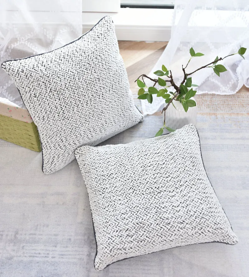 2er Set Chenille Dekokissen Bouclé-Optik LxB 40x40 cm Weiß Schwarz »MONTANA« mit Eleganter Schwarzer Paspelierung Reißverschluss Weicher Füllung 2023330K-2