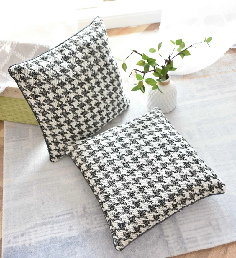 2er Set Kissen LxB 40x40 cm Creme Schwarz »PARIS« mit Füllung Ausgefallenes Hahnentritt-Muster schwarzes Paspelband 2023320K-2