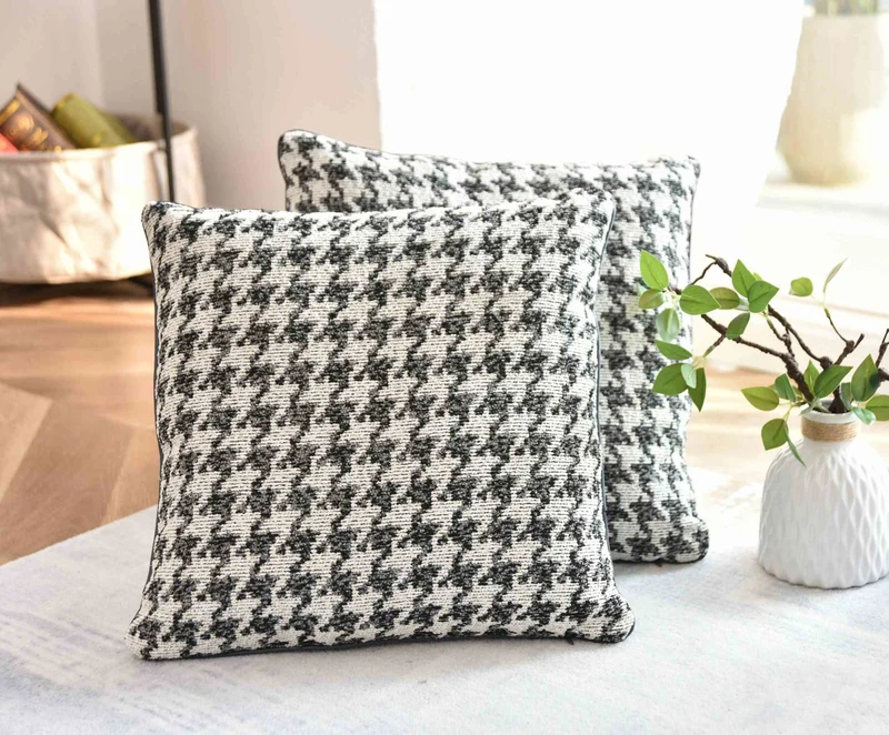 2er Set Kissen LxB 40x40 cm Creme Schwarz »PARIS« mit Füllung Ausgefallenes Hahnentritt-Muster schwarzes Paspelband 2023320K-2