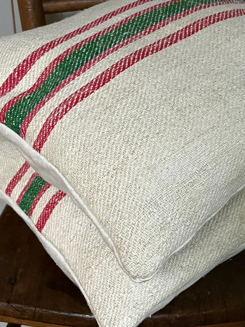 Rot/Grün gestreift: Vintage Kissen aus altem Leinensack 40 x 40