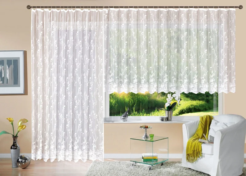 Gardine Store Jacquard Mainz Kräuselband Universalband Weiß Blumenmuster Transparent Raschel-Gewebe Vorhang Wohnzimmer 13144